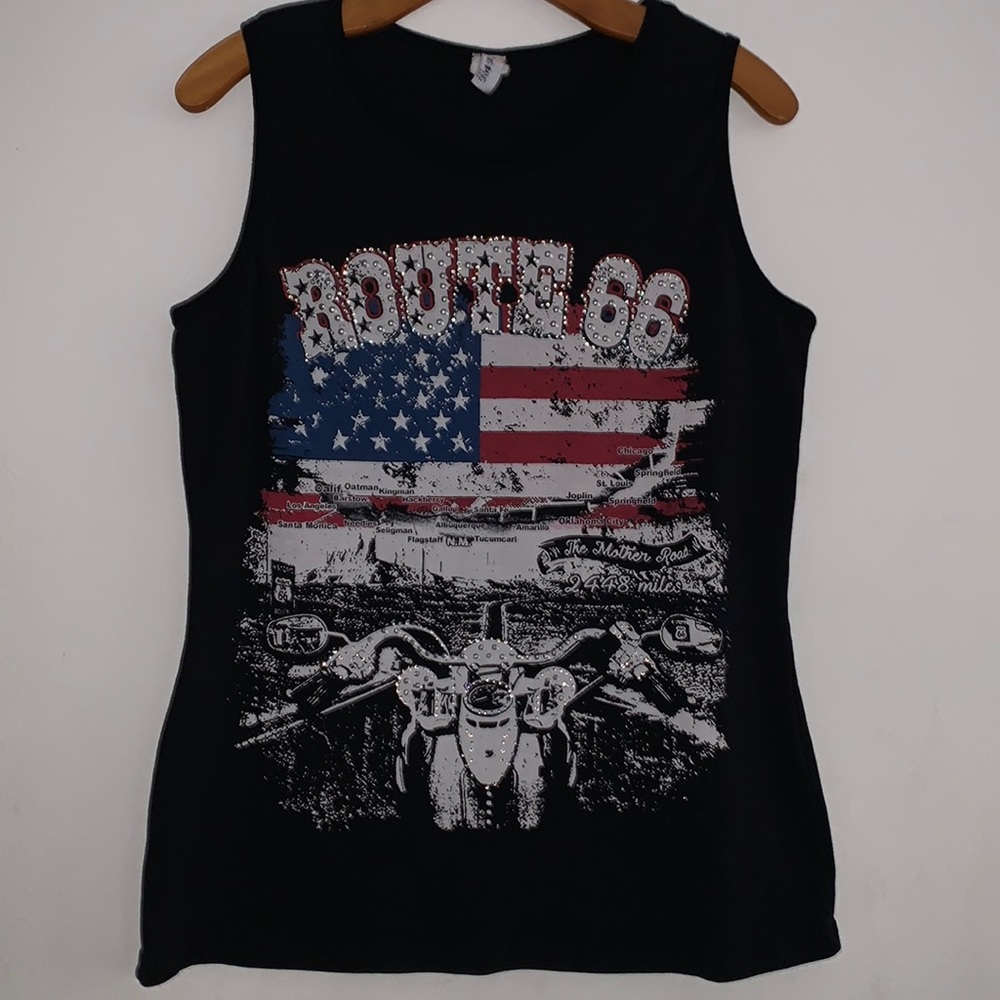 Big Bang USA Route 66 Motorcycle Cotton With Gems American Flag Tank Top Size L